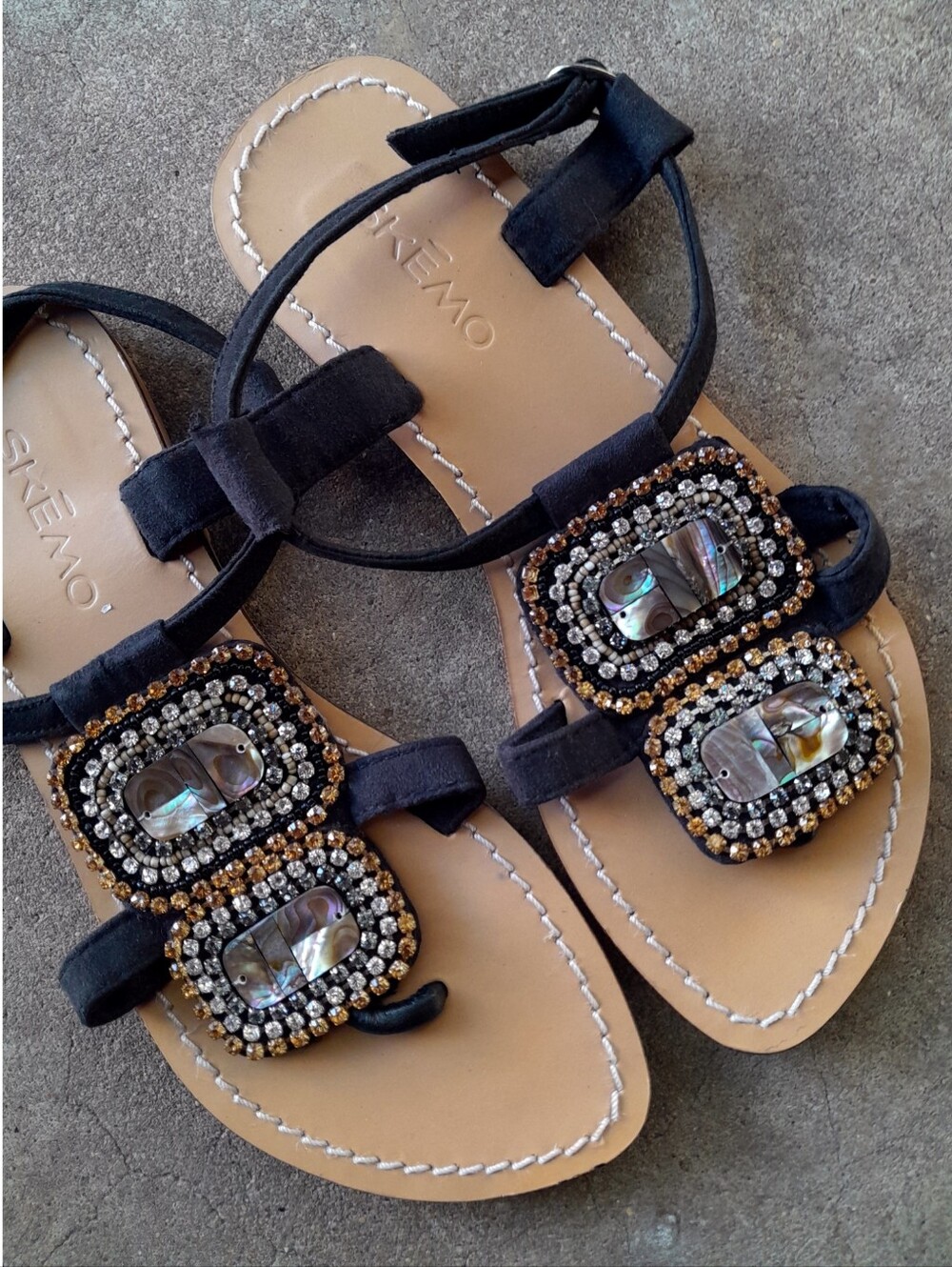 handcrafted cowrie shell leather organic cotton black multi Skemo sandals sz 6